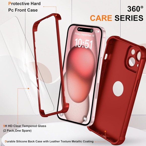 IP 15 Heavy Duty, 2 pc Toughness Tempered Glass, Slim Red Phone Case - Picture 3 of 7